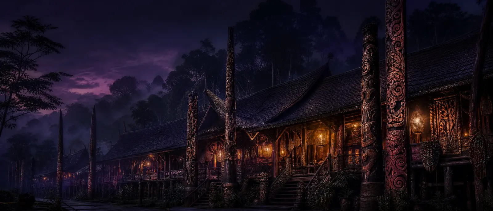 Ilustrasi AI bergaya budaya untuk Desa Budaya Pampang — bukan foto tempat aslinya